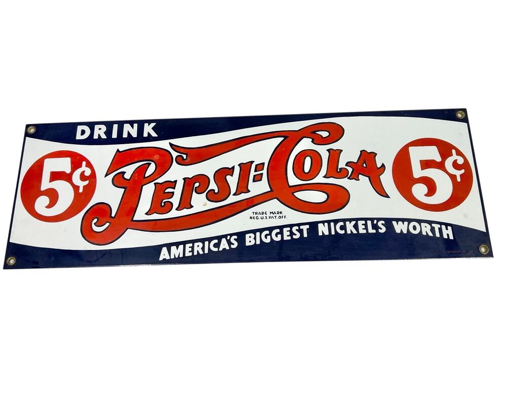 Ande Rooney Pepsi Cola Porcelain Enamel Sign 6x18 Americas Biggest Nickels Worth